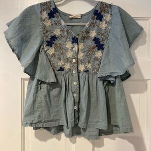 Bomony & Paisley Embroidered Peplum Top Flutter Sleeve Blue Size S